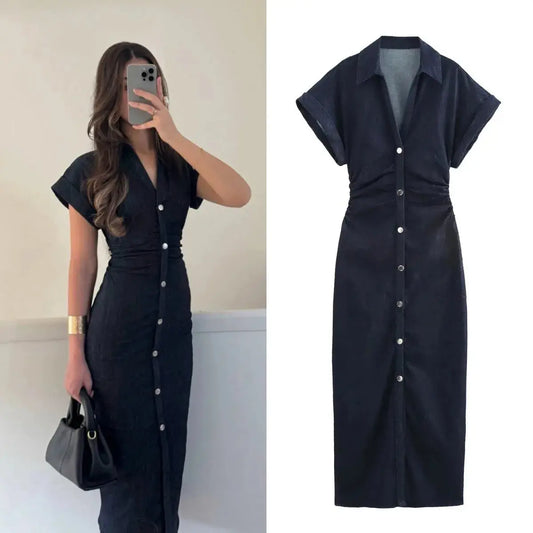 Veloria™ 1975-Inspired Denim Midi Dress 