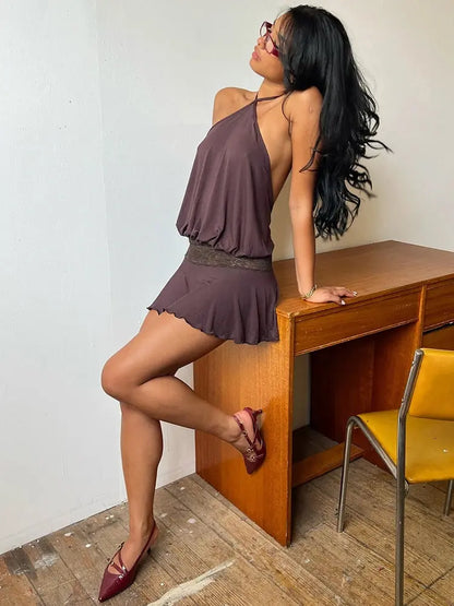 Veloria™ Backless Ruffled Halter Mini Dress 