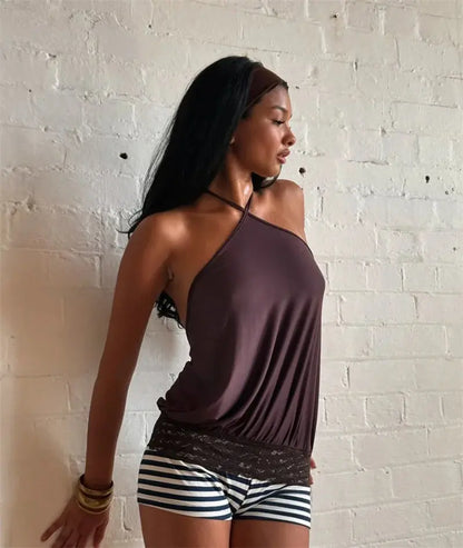 Veloria™ Backless Ruffled Halter Mini Dress 