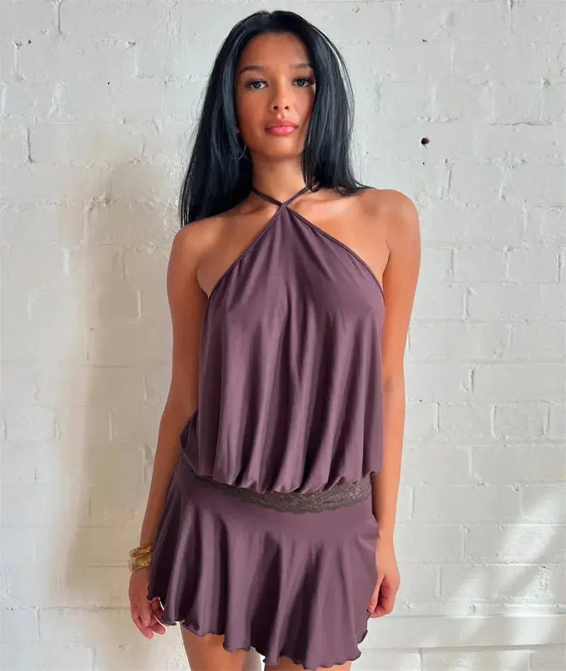 Veloria™ Backless Ruffled Halter Mini Dress 