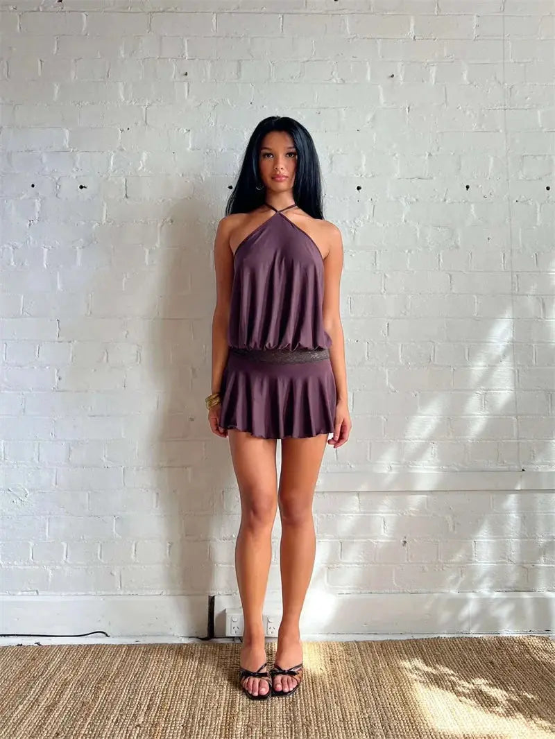 Veloria™ Backless Ruffled Halter Mini Dress 