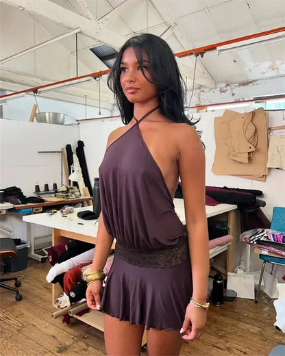 Veloria™ Backless Ruffled Halter Mini Dress 