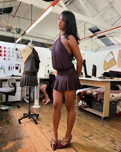 Veloria™ Backless Ruffled Halter Mini Dress 