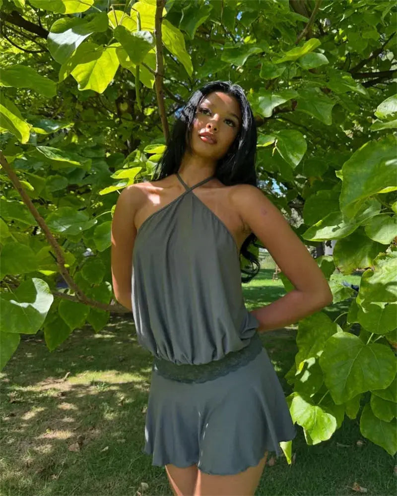 Veloria™ Backless Ruffled Halter Mini Dress 