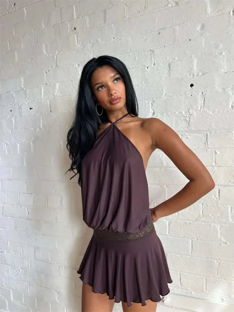 Veloria™ Backless Ruffled Halter Mini Dress 