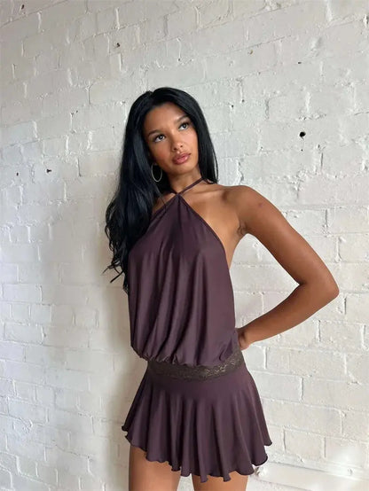 Veloria™ Backless Ruffled Halter Mini Dress 