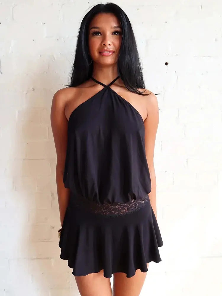 Veloria™ Backless Ruffled Halter Mini Dress 