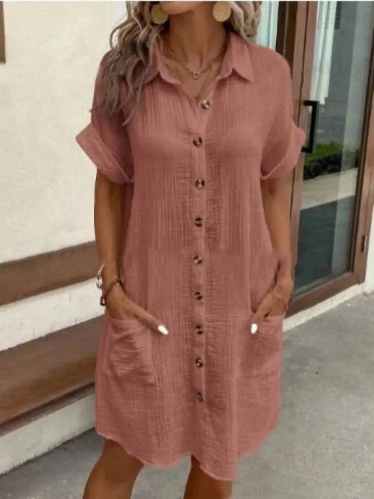 Veloria™ Cotton Shirt Dress with Turn-Down Collar 