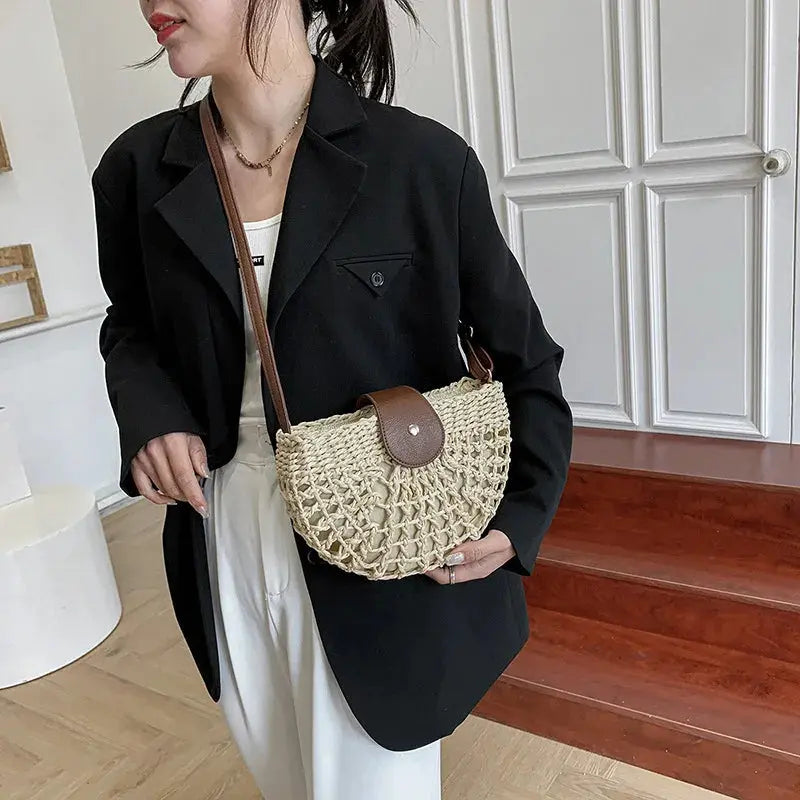 Veloria™ Half-Moon Boho Straw Bag 