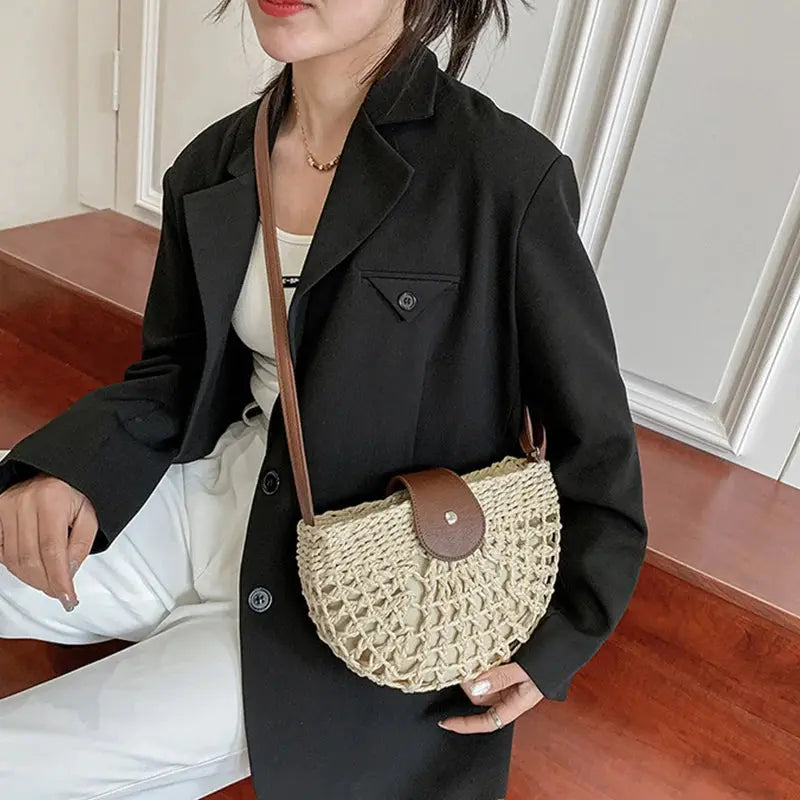 Veloria™ Half-Moon Boho Straw Bag 