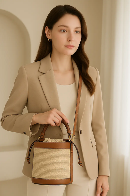 Veloria™ Panelled Straw Bucket Bag 