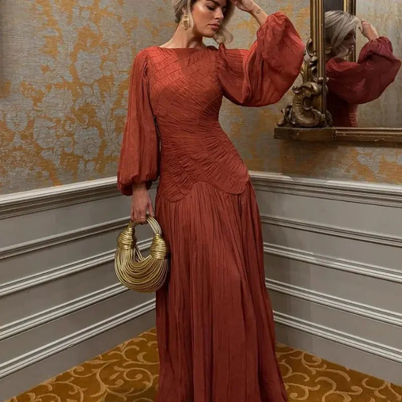 Veloria™ Pleated Lantern Sleeve Maxi Dress 