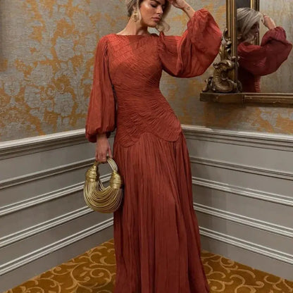 Veloria™ Pleated Lantern Sleeve Maxi Dress 