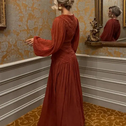 Veloria™ Pleated Lantern Sleeve Maxi Dress 