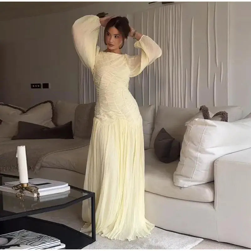 Veloria™ Pleated Lantern Sleeve Maxi Dress 