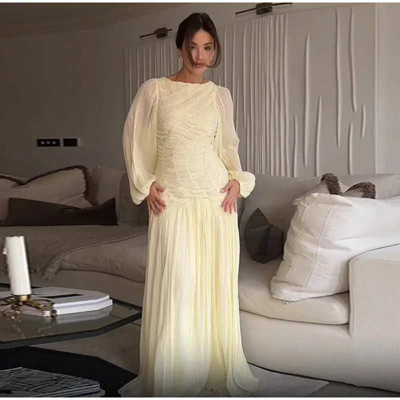 Veloria™ Pleated Lantern Sleeve Maxi Dress 