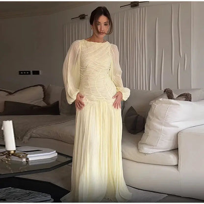 Veloria™ Pleated Lantern Sleeve Maxi Dress 