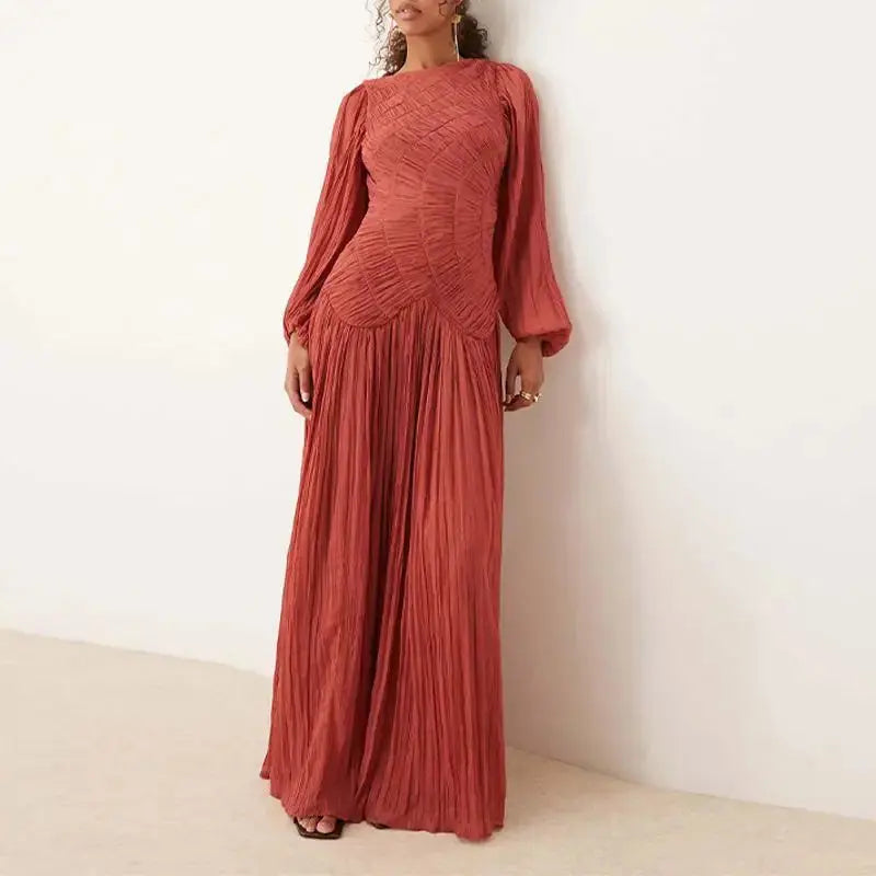 Veloria™ Pleated Lantern Sleeve Maxi Dress 