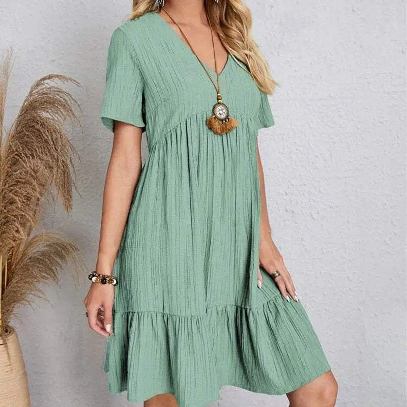 Veloria™ Pleated V-Neck Mini Dress 