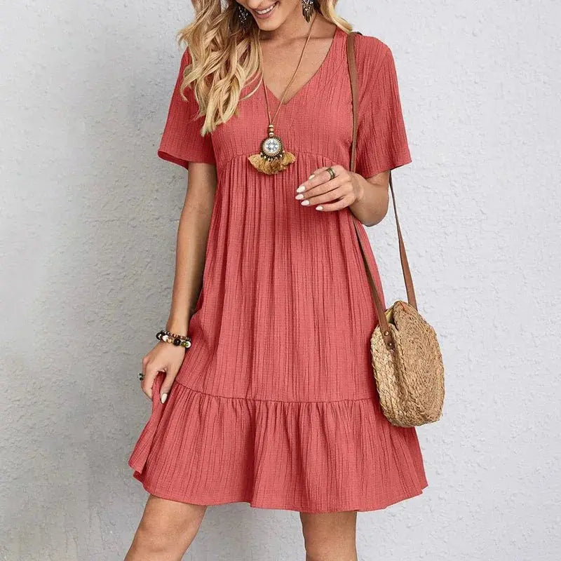 Veloria™ Pleated V-Neck Mini Dress 