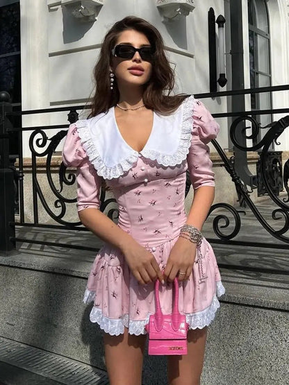 Veloria™ Printed Lace Patchwork Mini Dress 