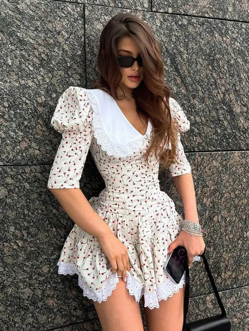 Veloria™ Printed Lace Patchwork Mini Dress 