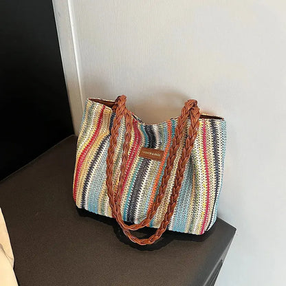Veloria™ Retro Woven Striped Tote Bag 