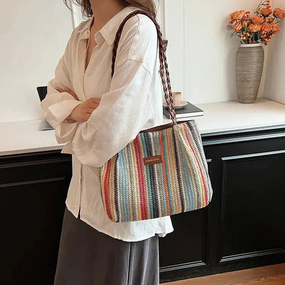 Veloria™ Retro Woven Striped Tote Bag 