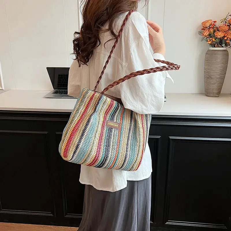 Veloria™ Retro Woven Striped Tote Bag 
