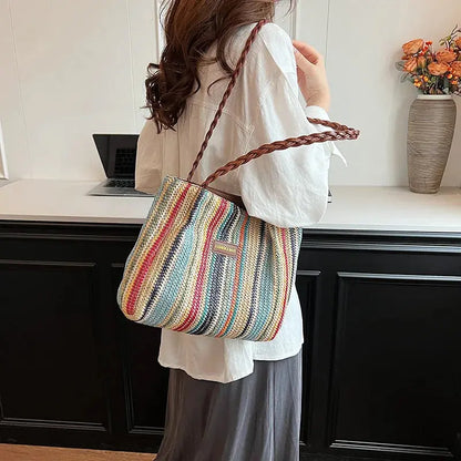 Veloria™ Retro Woven Striped Tote Bag 