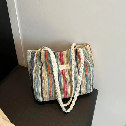 Veloria™ Retro Woven Striped Tote Bag 