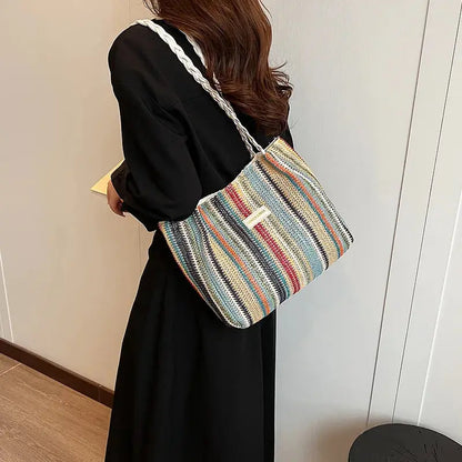 Veloria™ Retro Woven Striped Tote Bag 