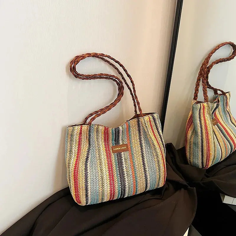 Veloria™ Retro Woven Striped Tote Bag 