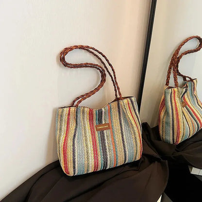 Veloria™ Retro Woven Striped Tote Bag 