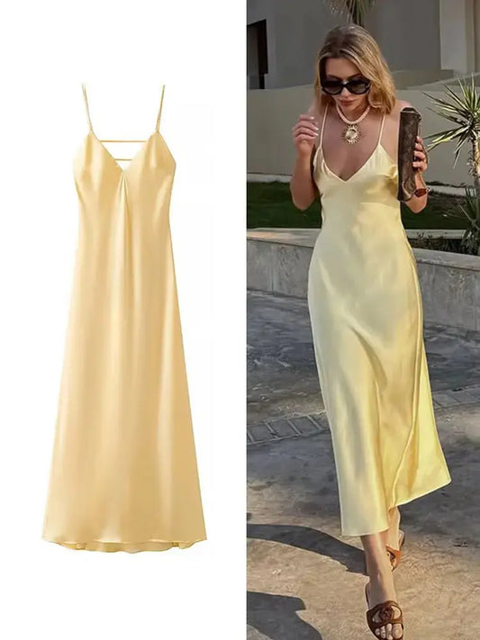 Veloria™ Satin V-Neck Maxi Slip Dress 