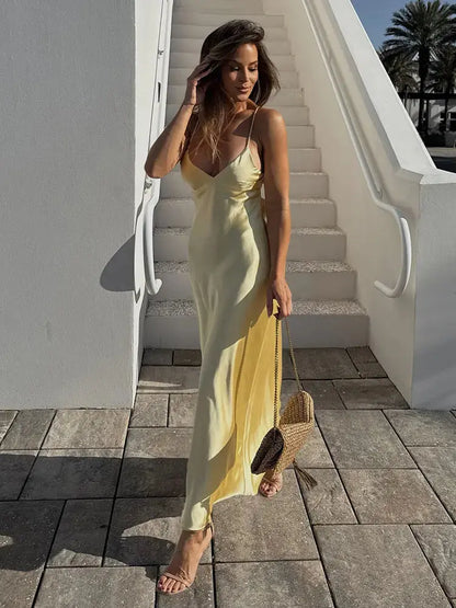 Veloria™ Satin V-Neck Maxi Slip Dress 